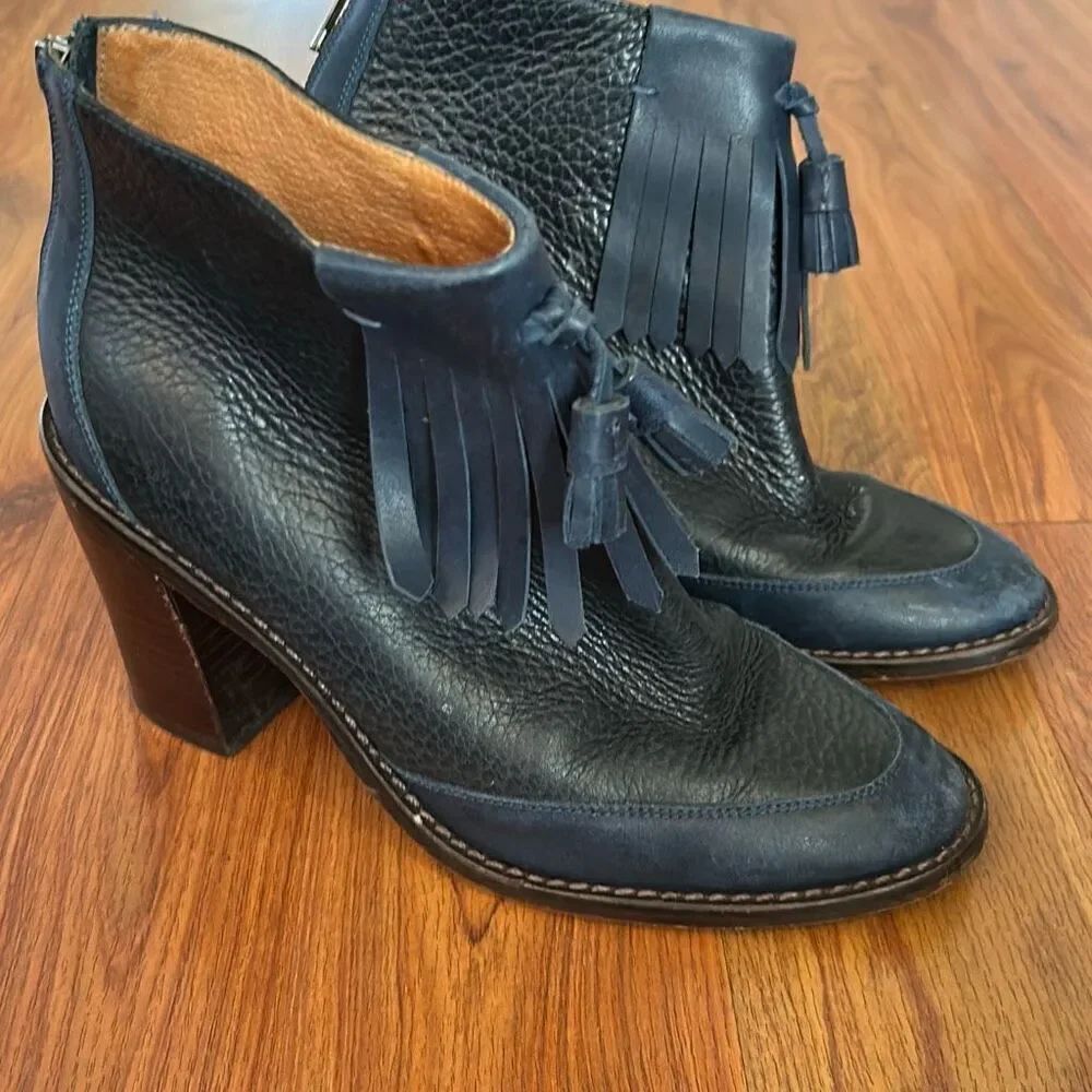 Madewell navy leather low boots booties with fringe chunky heel size 37